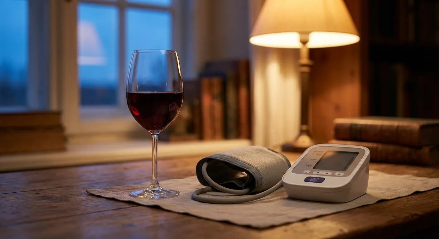 Glass of wine next to a blood pressure monitor on a table