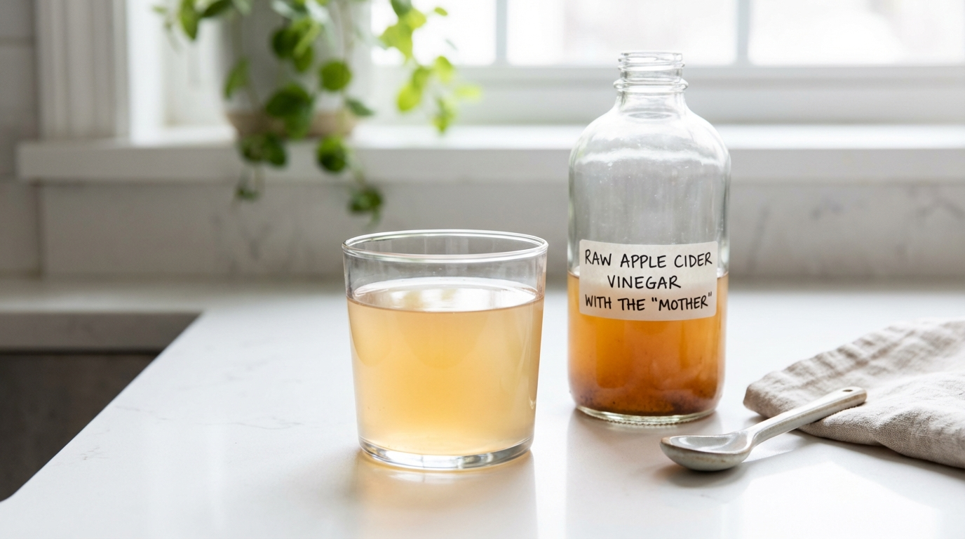 Glass of water with diluted apple cider vinegar and a bottle on a clean kitchen counter