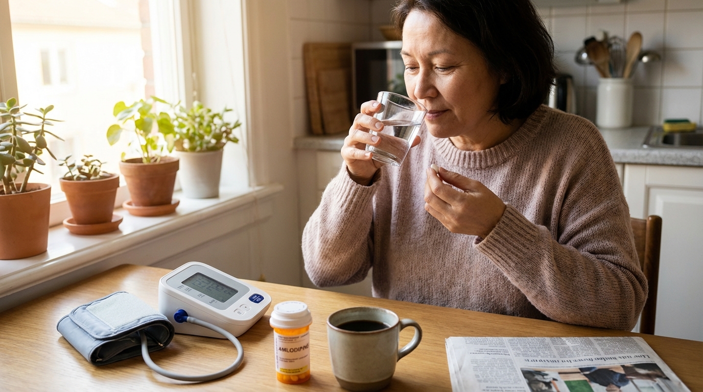 Person taking blood pressure medication at home, considering optimal timing for medication adherence