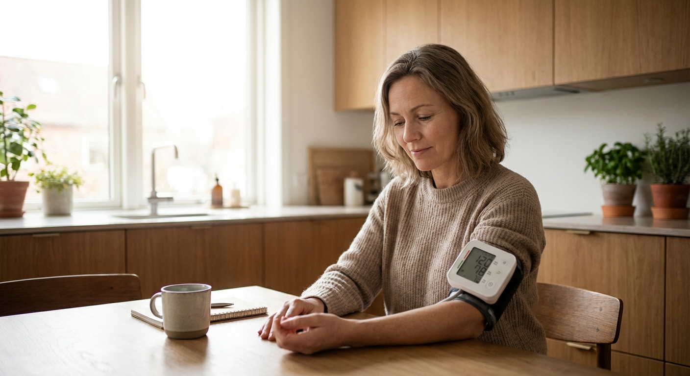 Woman measuring her blood pressure at home