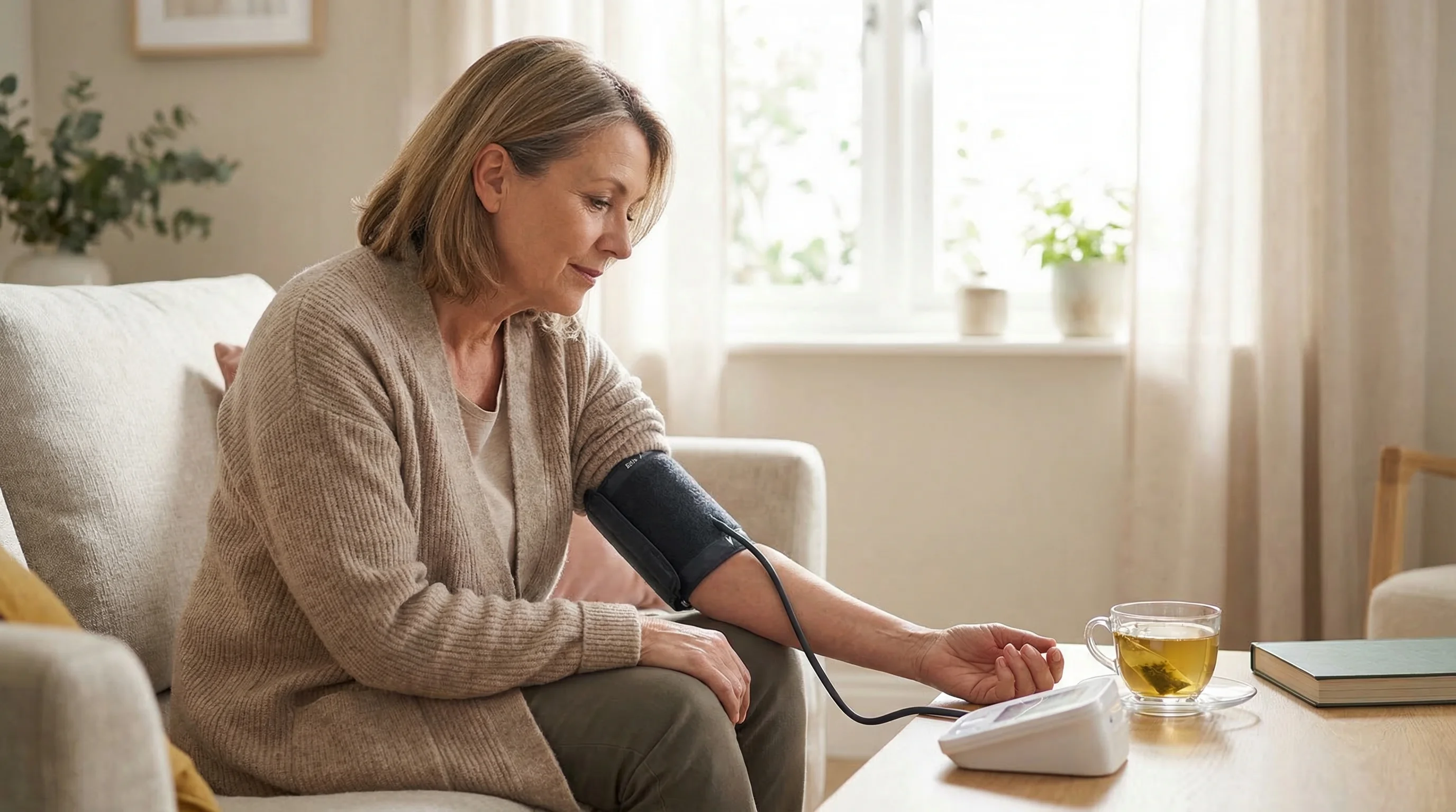 Middle-aged woman checking blood pressure at home in a calm, well-lit setting