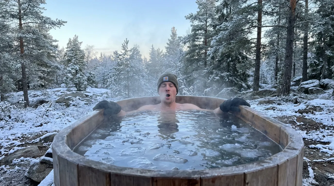 Person entering an ice bath with physiological indicators showing blood pressure spike