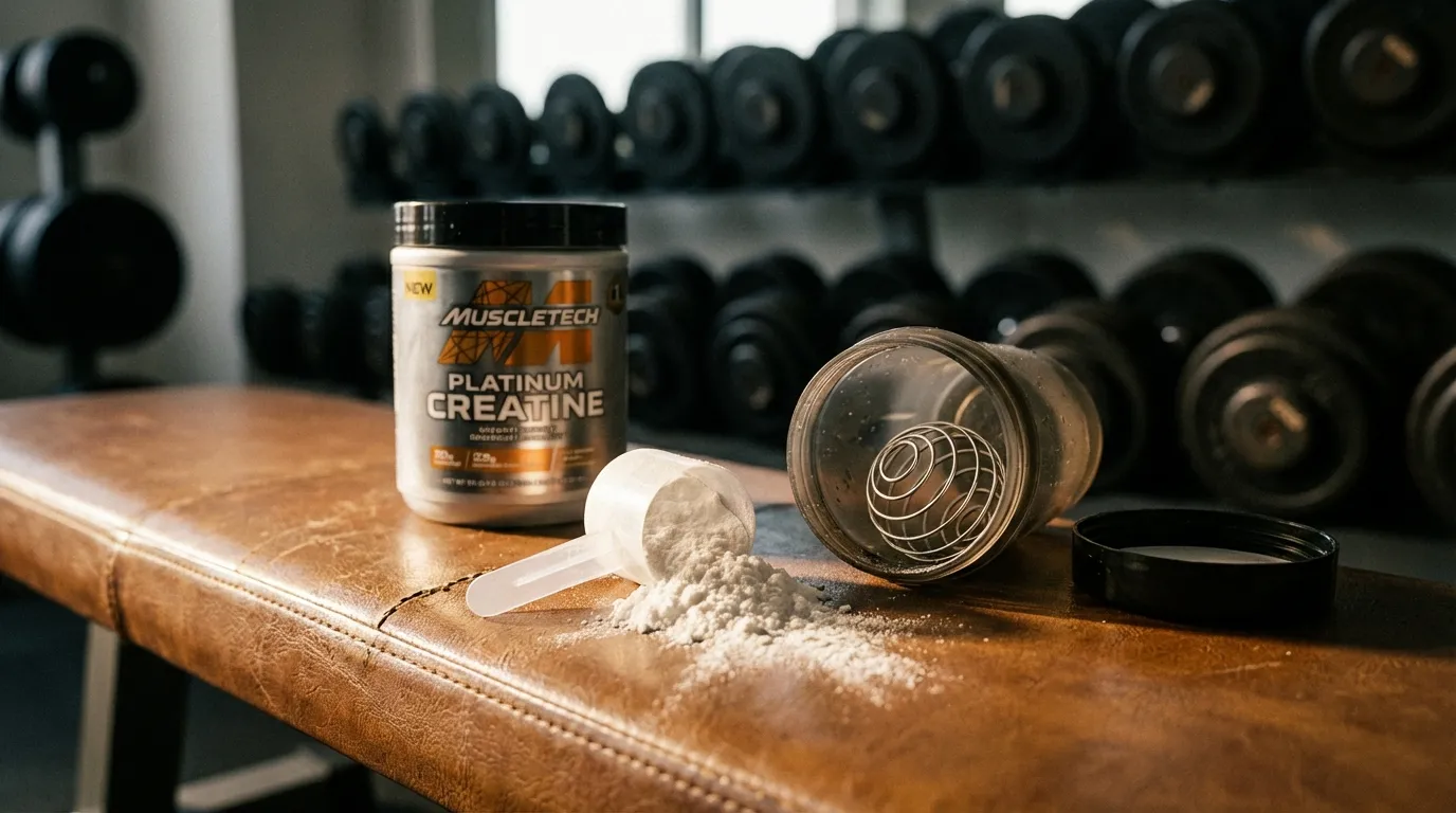 Creatine supplement powder and capsules next to a blood pressure monitor