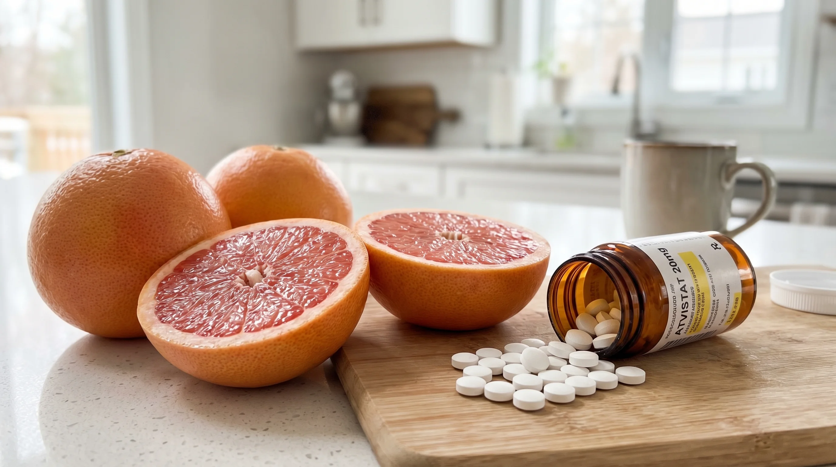 Grapefruit with blood pressure medication pills showing potential drug interaction