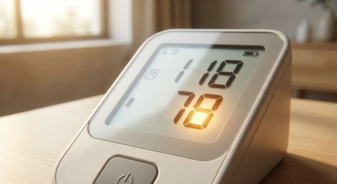 Blood pressure monitor showing a high diastolic reading with a person checking results