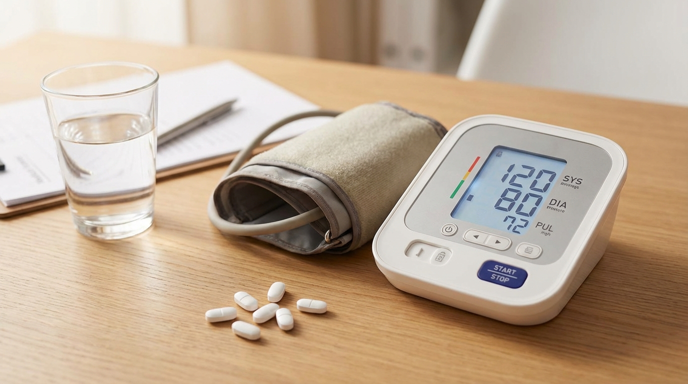 Ibuprofen tablets with blood pressure monitor showing how NSAIDs affect hypertension