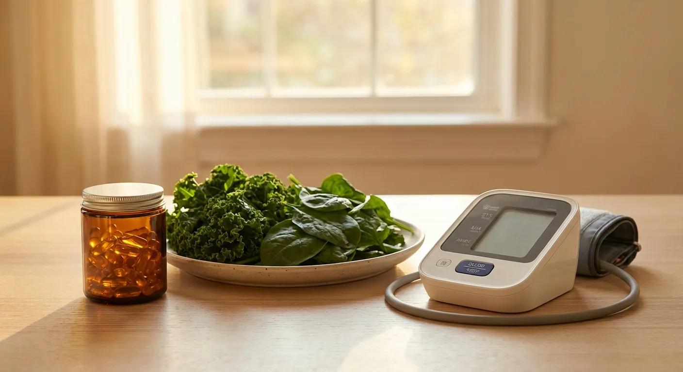 Magnesium supplement capsules next to leafy greens and a blood pressure monitor on a clean table
