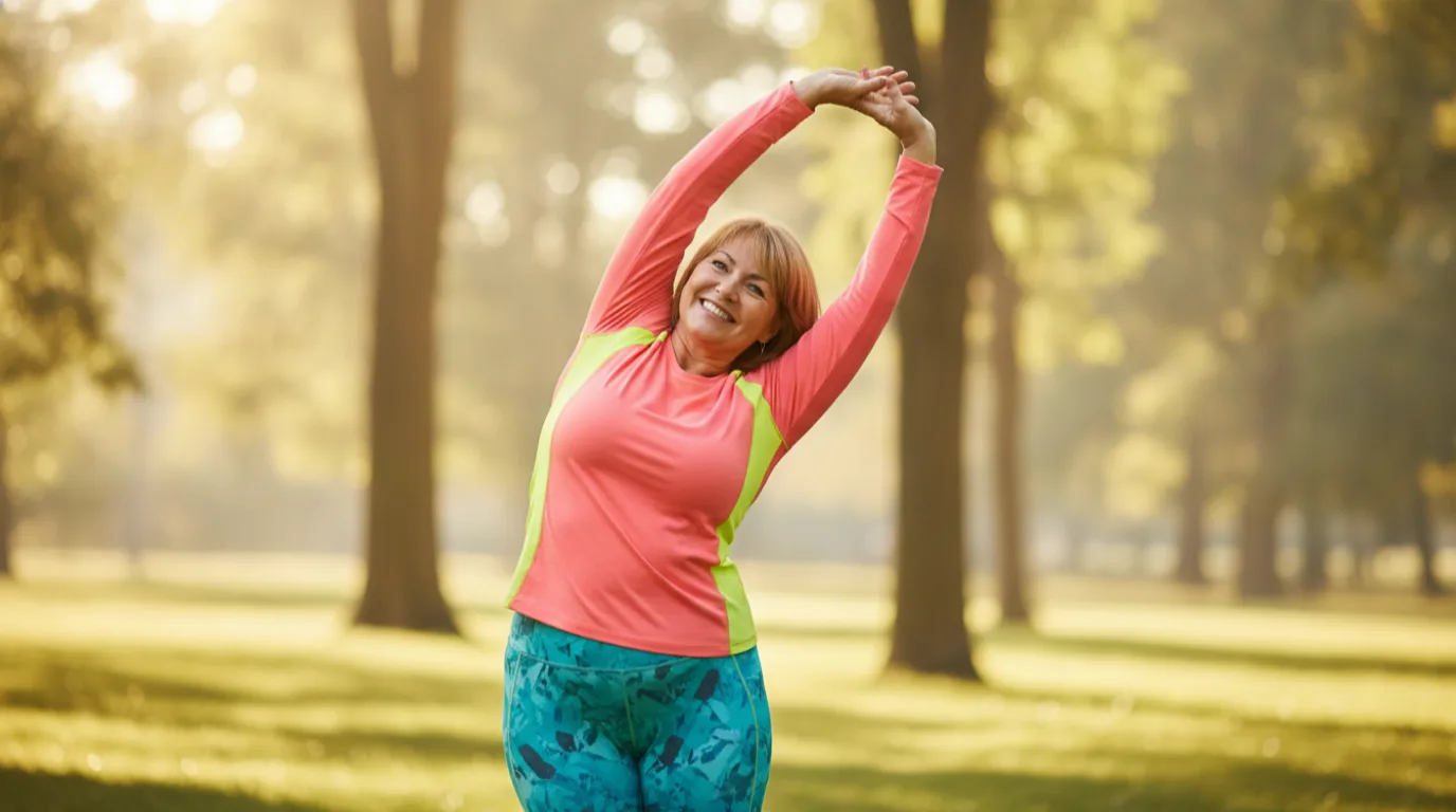 Smiling middle-aged woman in bright athletic wear stretching outdoors in a sunny park