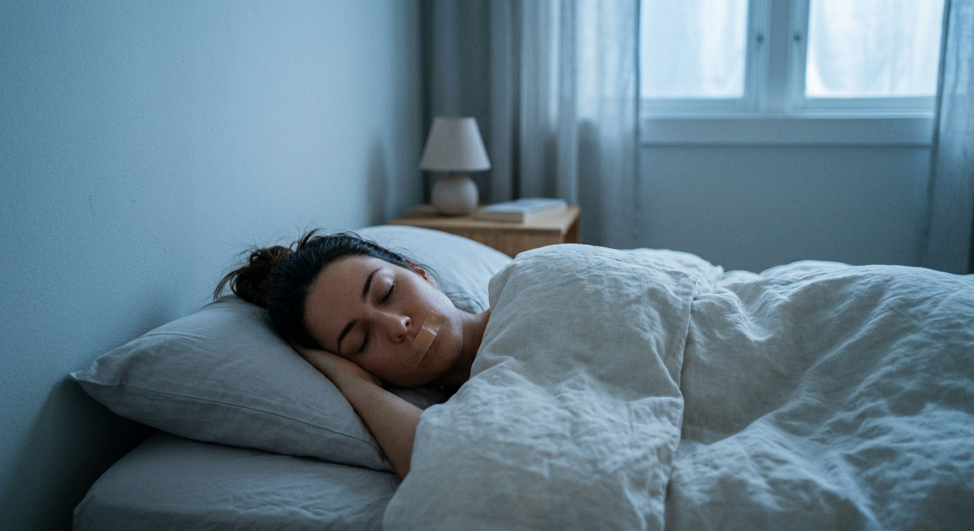 Person sleeping peacefully using mouth taping technique for nasal breathing