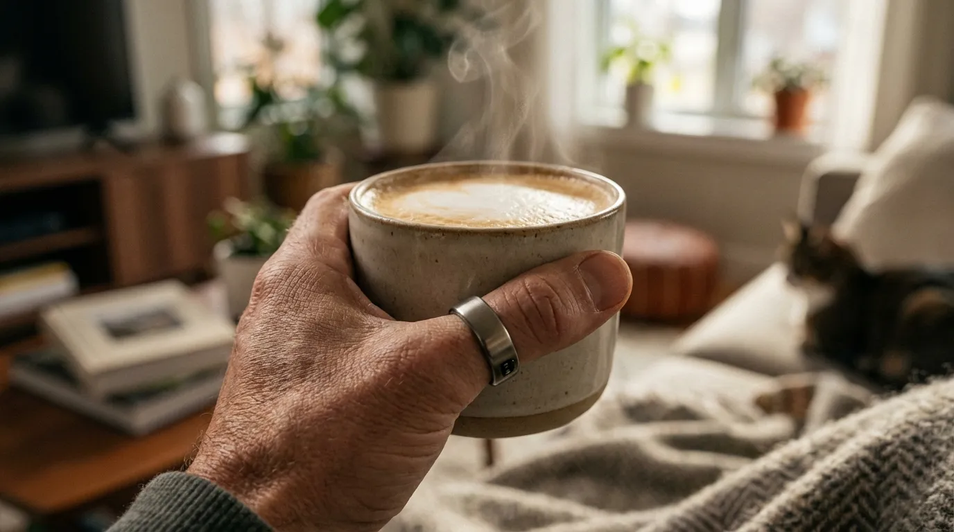 Oura Ring on a finger with a digital blood pressure monitor in the background