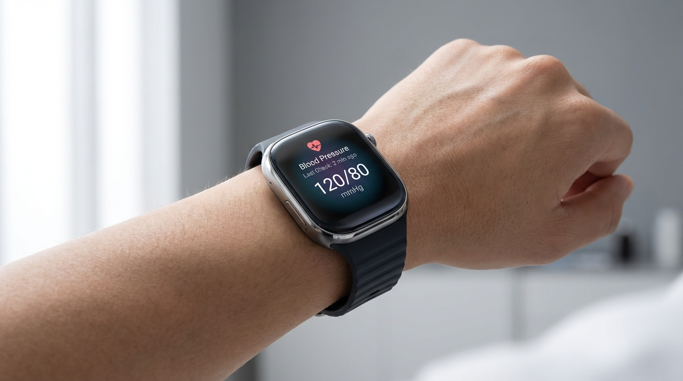 Samsung Galaxy Watch on wrist displaying blood pressure measurement screen