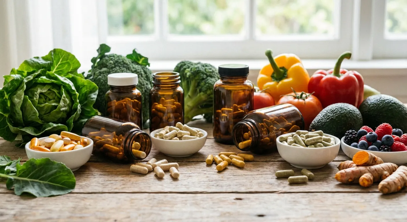 Various supplement bottles and capsules arranged neatly on a table with fresh vegetables
