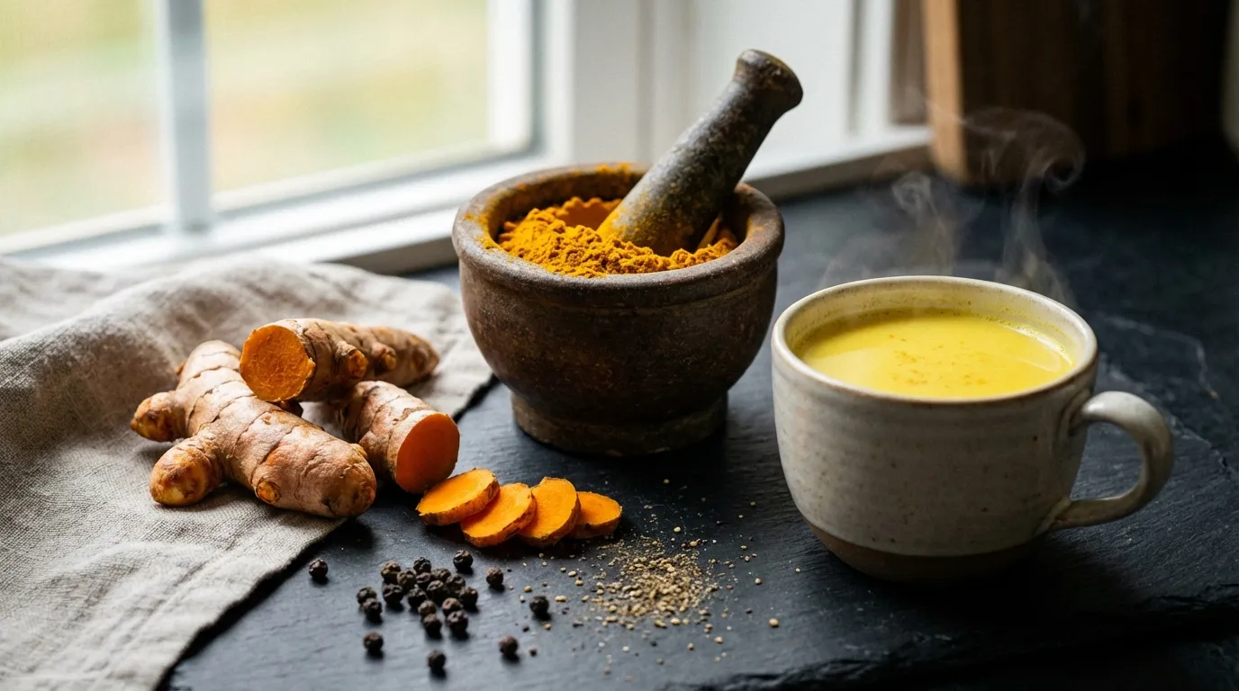 Fresh turmeric root and powder next to curcumin supplement capsules and a blood pressure monitor