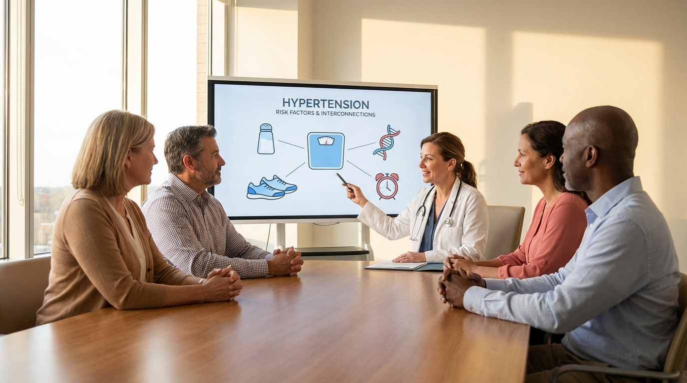 Medical illustration showing multiple factors contributing to high blood pressure including lifestyle, genetics, and health conditions
